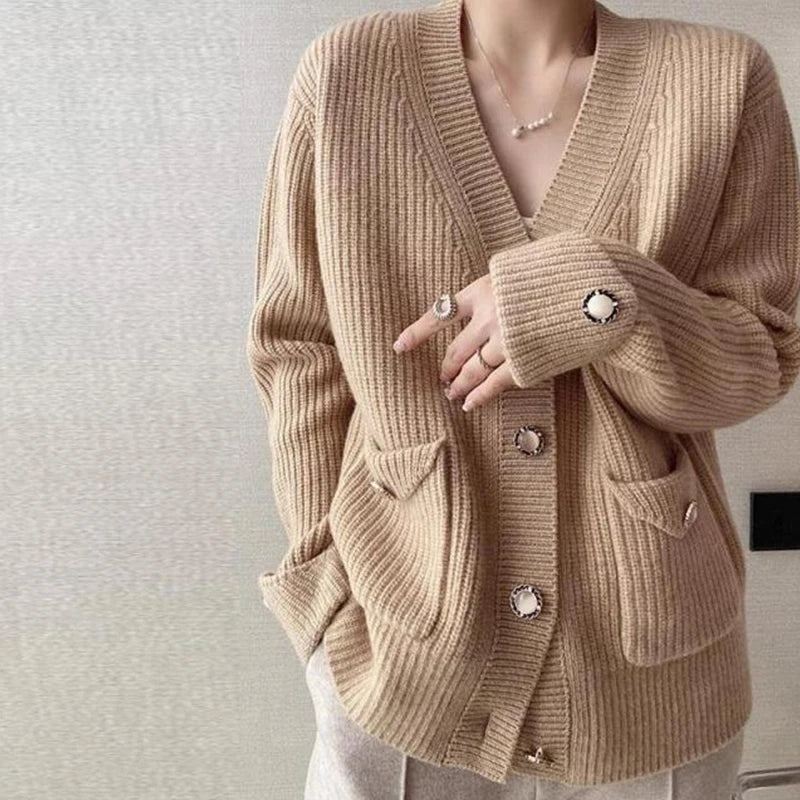 V-Neck Ribbed Knitted Cardigan