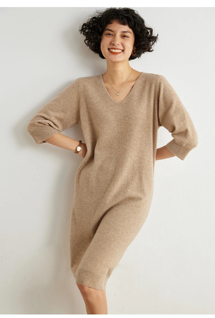 100% Cashmere Half Sleeve Sweater Dress