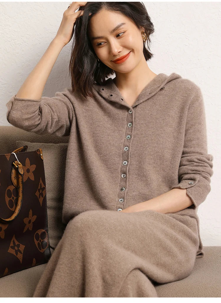 100% Cashmere Knitted Hooded Cardigan