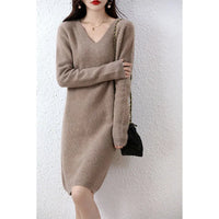 V-Neck 100% Merino Wool Knitted Dress GentleHerd