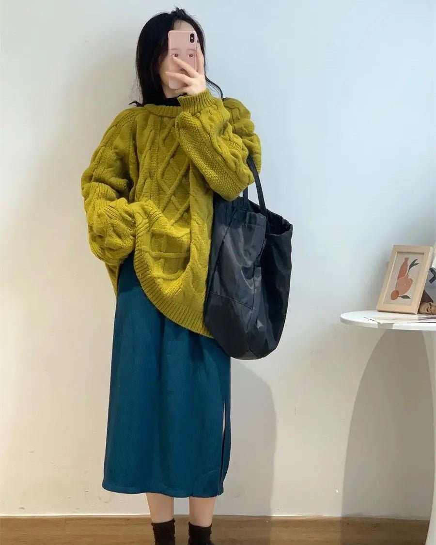 Diamond-Patterned Mid-Length Oversized Sweater