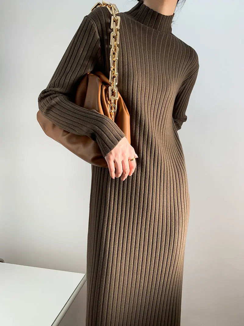 Long Sleeved Ribbed Knitted Turtleneck Sweater Dress