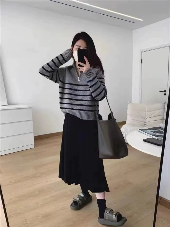 Half Zipper Striped Pure Cashmere Pullover