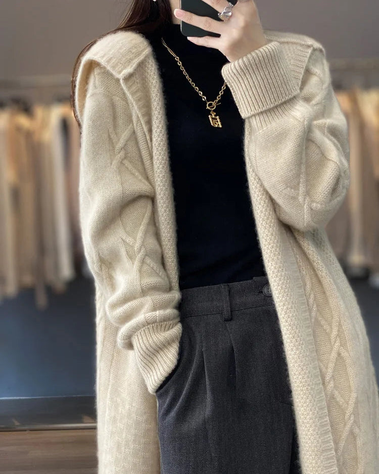 Long Wool Twisted Knit Cardigan Sweater