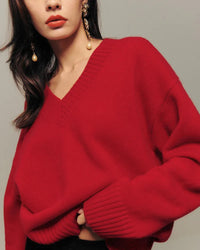 Loose-Fitting Wool Knit V-Neck Sweater