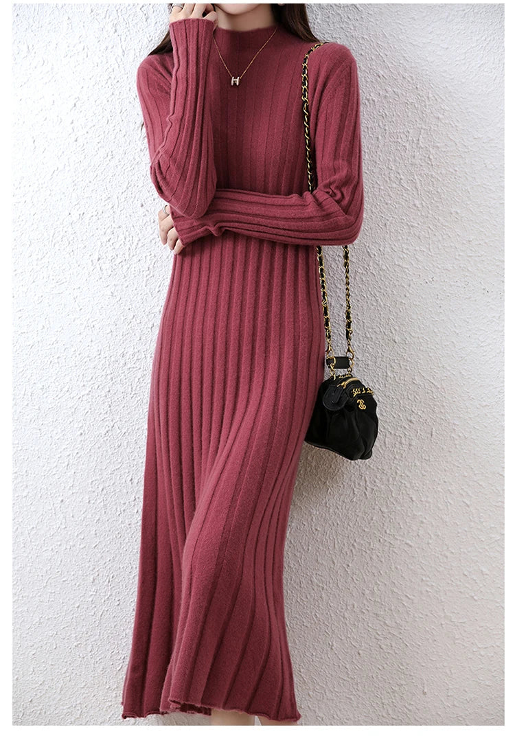 Ribbed Knitted 100% Wool Sweater Dress