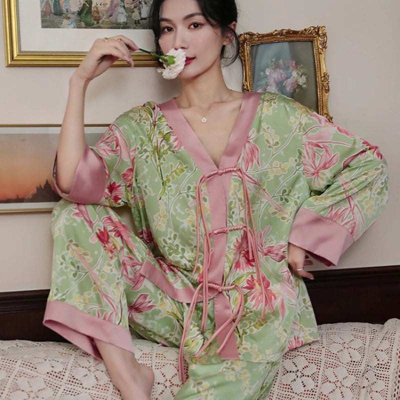 Chinese Style Button Satin Shirt & Trousers Pajama Set