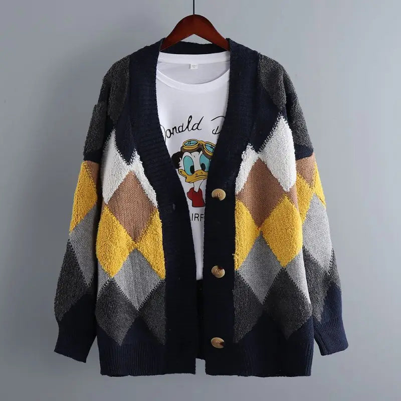 Fleece Patchwork Vintage V-Neck Short Cardigan