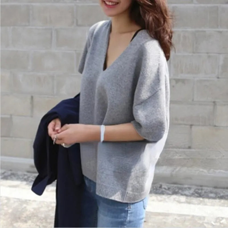 V-Neck Short Sleeve Wool Pullover Top