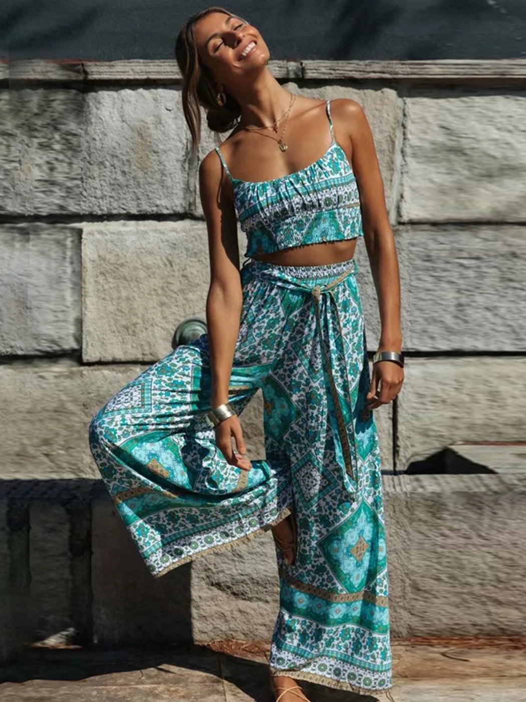 Boho Pattern Camisole & Wide Leg Pants Set