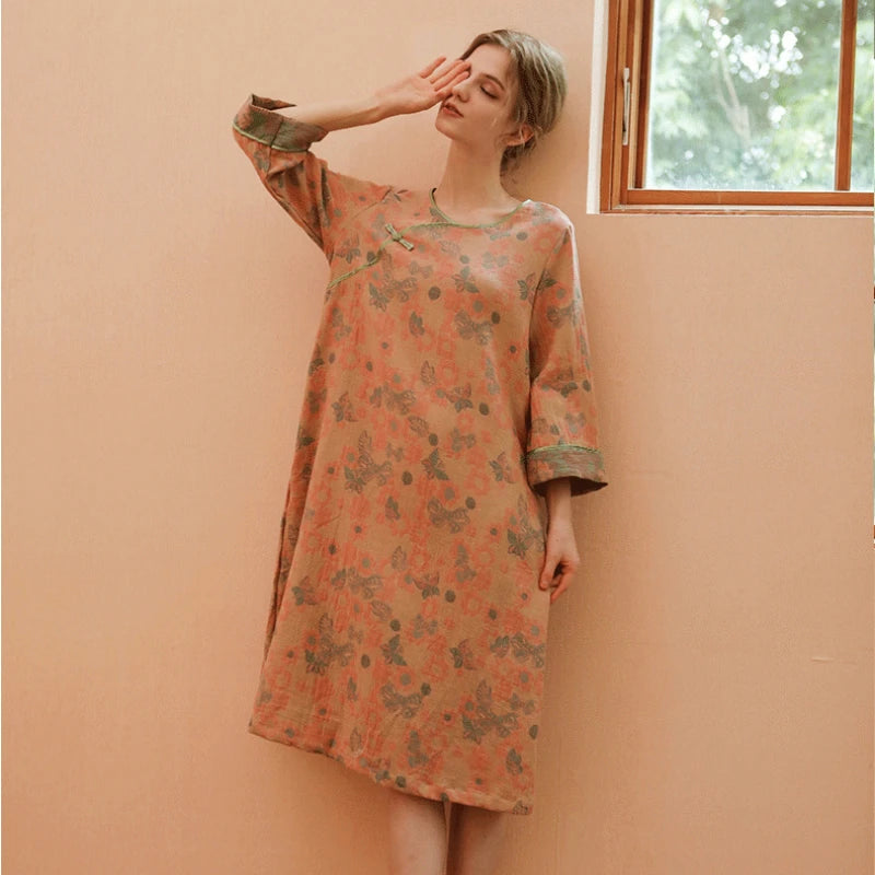 Chinese Retro Style Long Sleeve Sleep Dress