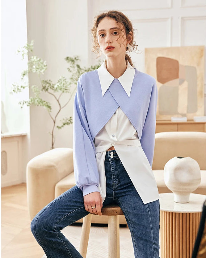 Pointed Collar Irregular Button Slit Short Shirt