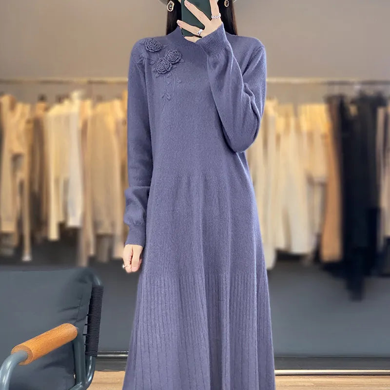 Cashmere and Wool Knitted A-Line Long Sleeves Dress