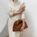 Long Sleeved Ribbed Knitted Turtleneck Sweater Dress