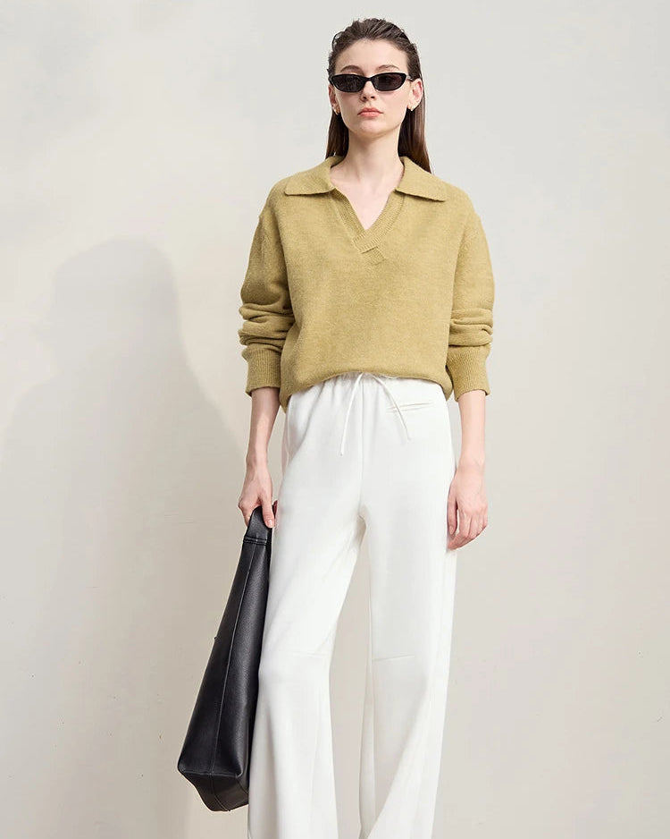 Solid Color Loose V-Neck Long-Sleeved Sweater