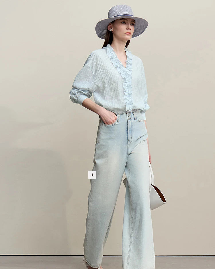 Ruffled V-Neck Long-Sleeved Loose-Fitting Shirt