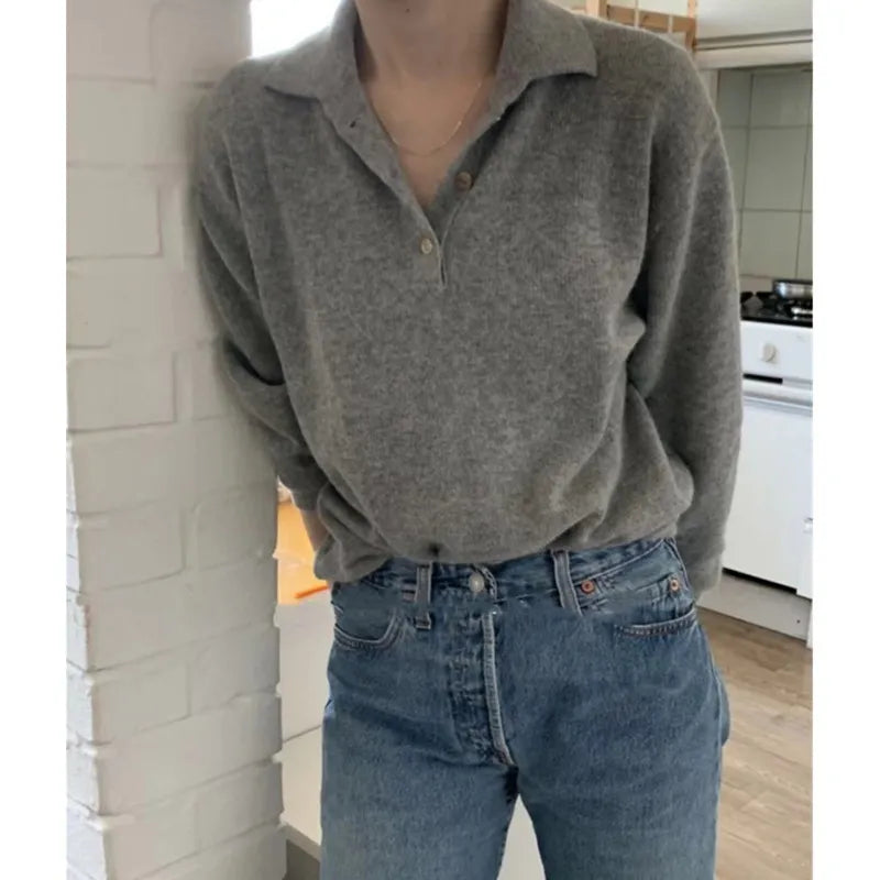 Polo Collar Gray Wool Sweater