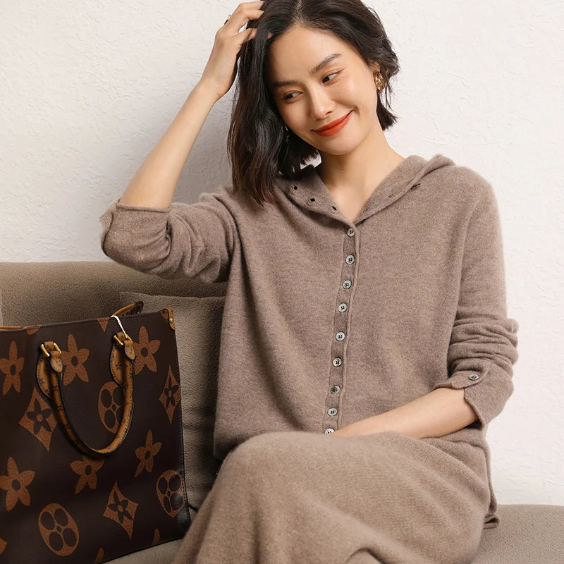 100% Cashmere Knitted Hooded Cardigan