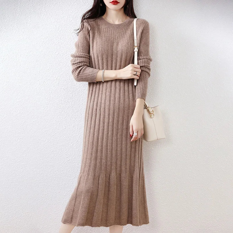 Round-Neck Long Sleeves Wool Dress