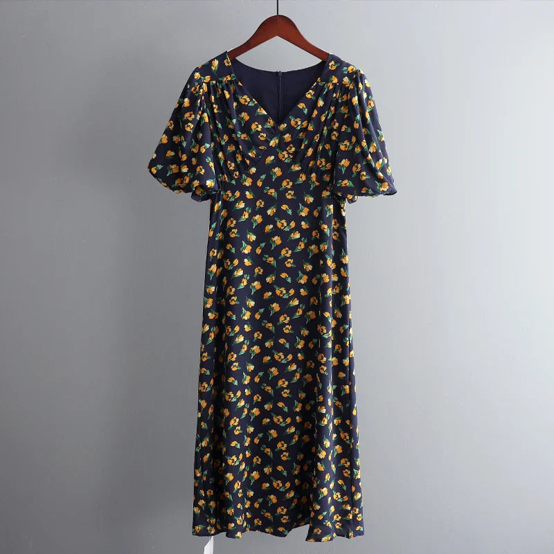 Floral Printed V-Neck Chiffon Dress