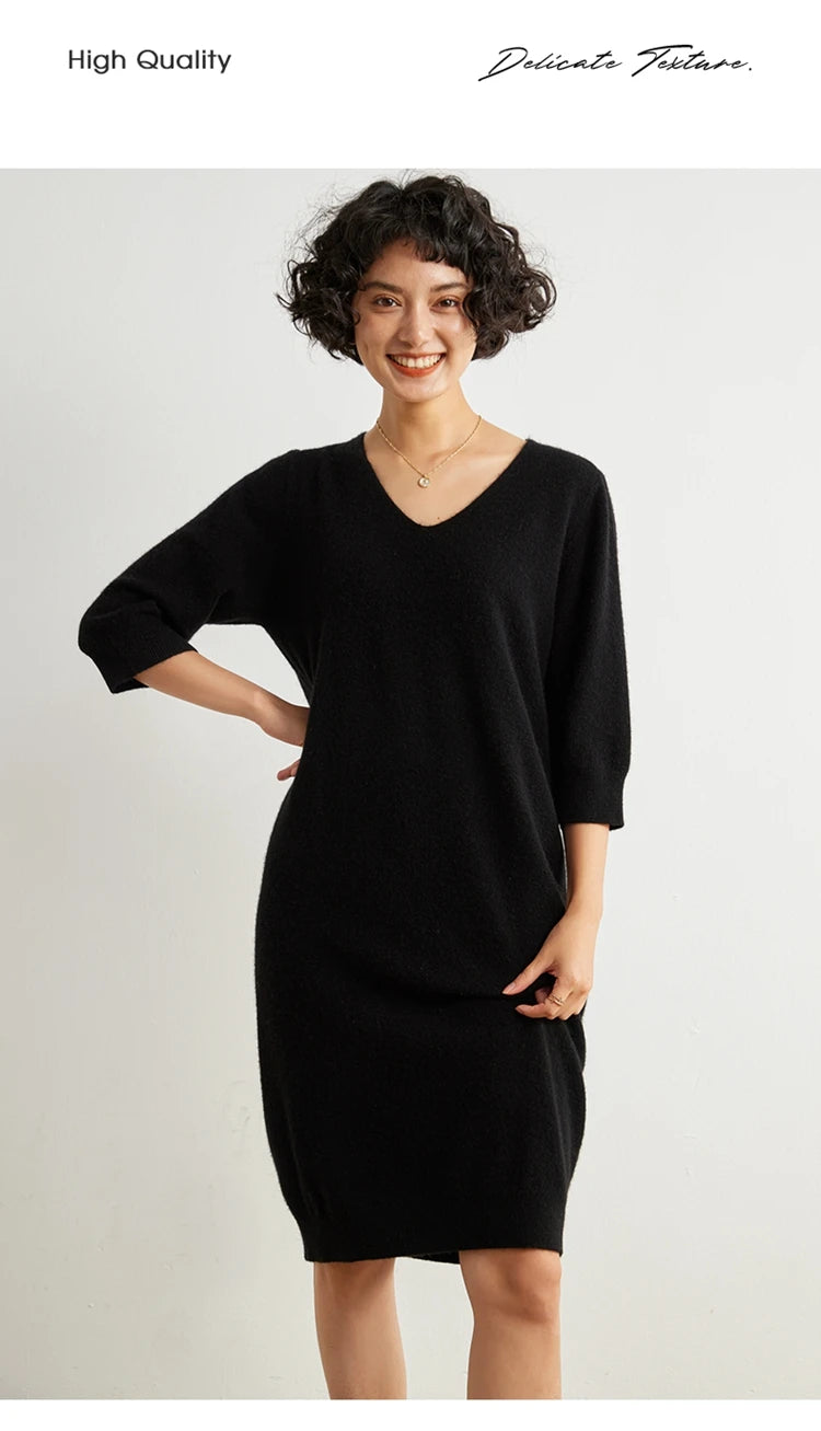 100% Cashmere Half Sleeve Sweater Dress