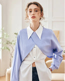 Pointed Collar Irregular Button Slit Short Shirt