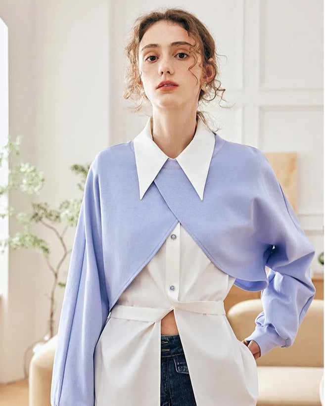 Pointed Collar Irregular Button Slit Short Shirt