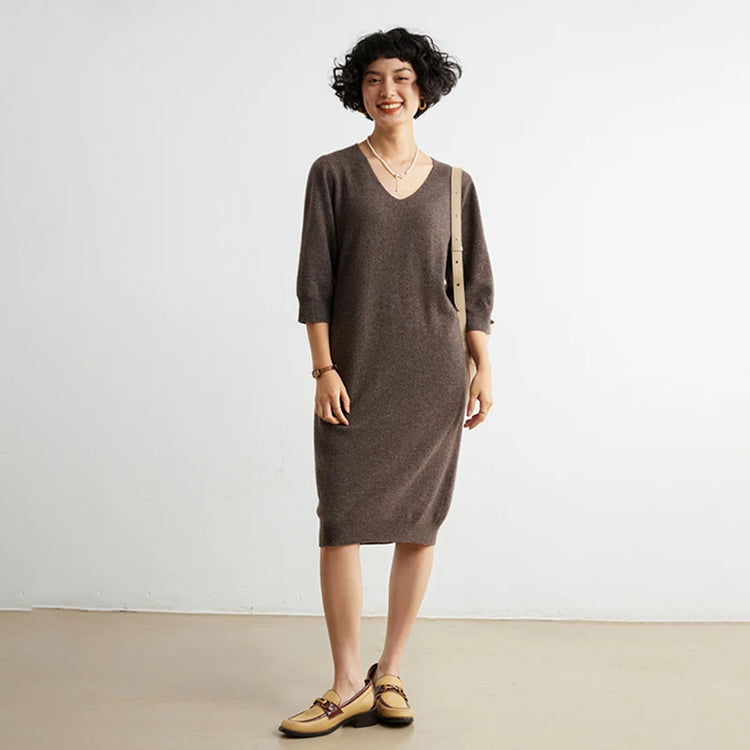 100% Cashmere Half Sleeve Sweater Dress