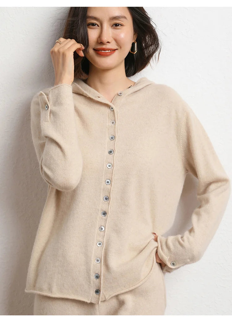 100% Cashmere Knitted Hooded Cardigan