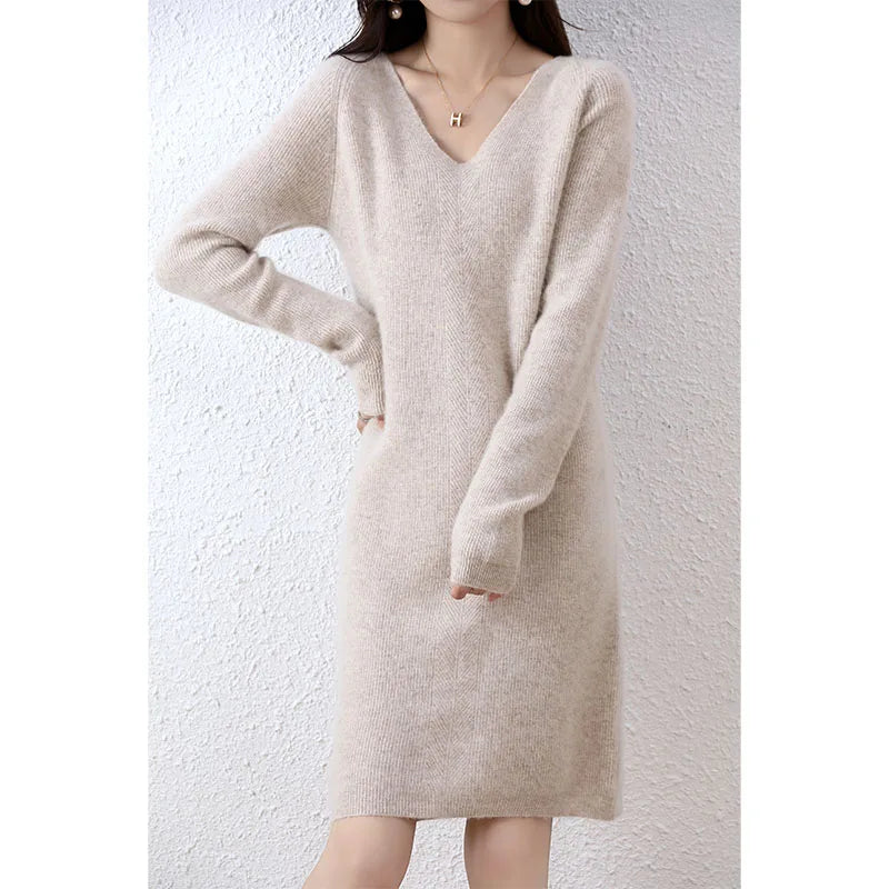 V-Neck 100% Merino Wool Knitted Dress GentleHerd