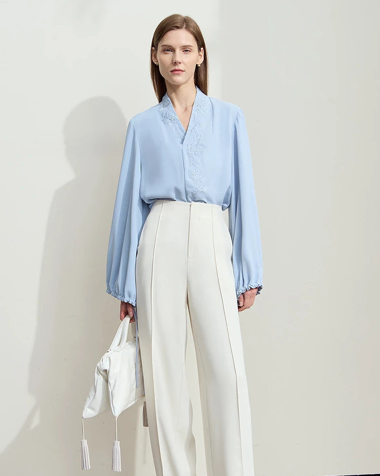 Chiffon Embroidered V-Neck Lantern Sleeve Blouse