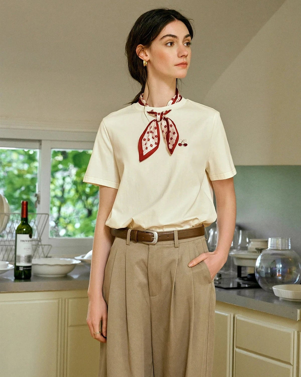 T-Shirt With Embroidered Scarf At The Neckline