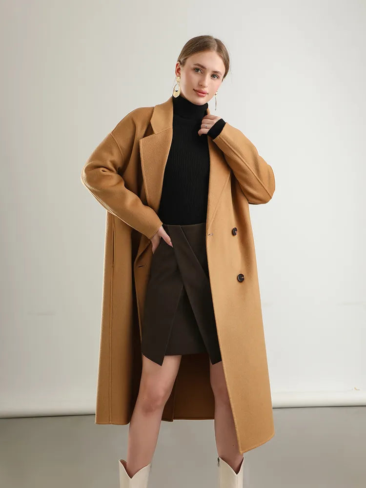 Classic Double-Breasted 100% Wool Long Coat