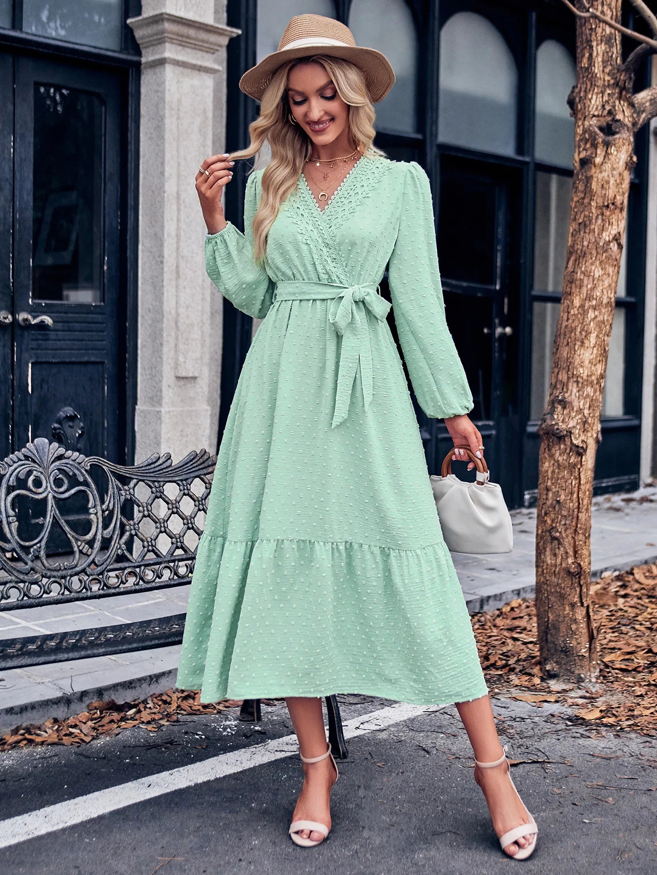 V-Neck Long Sleeve Tied Waist Dress