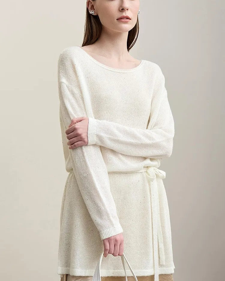 Stylish Round Neck Off-Shoulder Tie Sweater