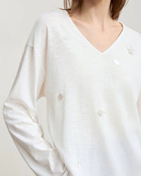Long-Sleeved V-Neck Loose-Fitting Pullover T-Shirt