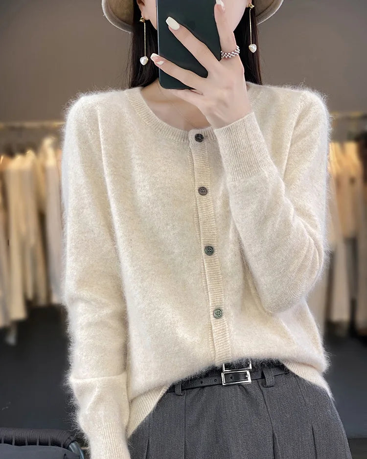 Mink Cashmere Crew Neck Loose Cardigan Sweater