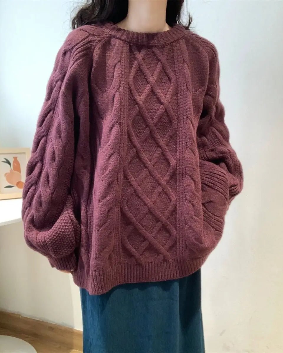 Diamond-Patterned Mid-Length Oversized Sweater