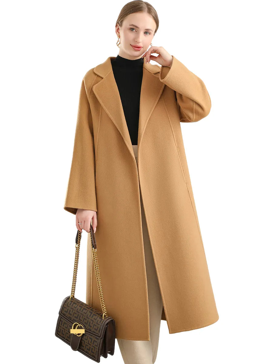 Notch Lapel Belted 100% Wool Long Coat