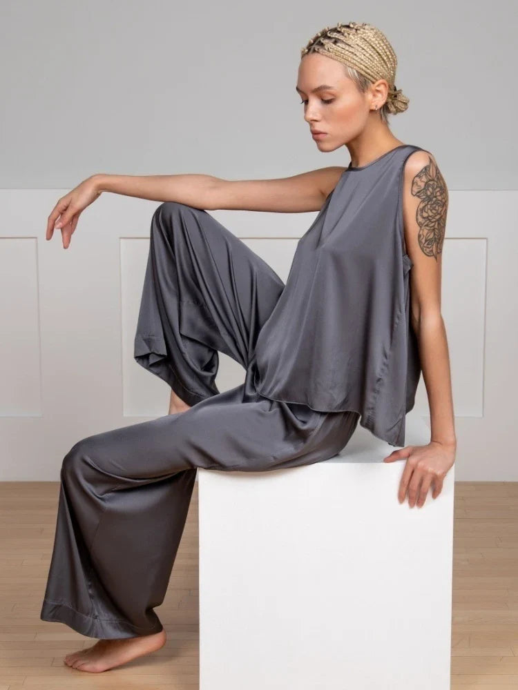 Sleeveless Crossed Back Vest & Loose Trousers Pajama Set