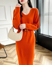Wool V-Neck Long Sweater Dress