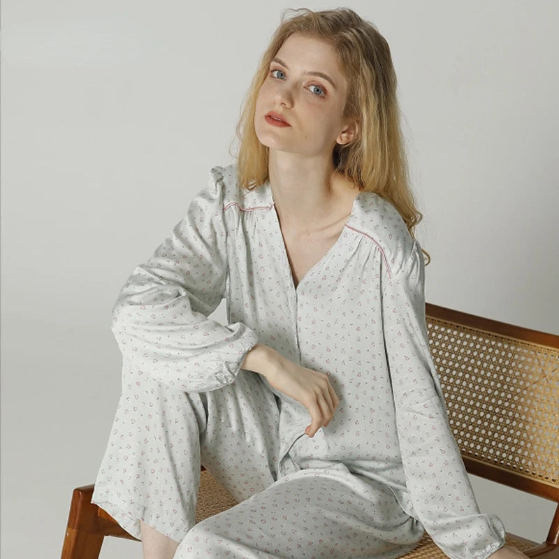 Long-sleeved Shirt & Pants Satin Pajamas Set