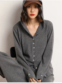 100% Cashmere Knitted Hooded Cardigan