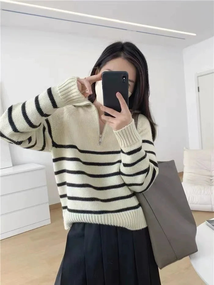 Half Zipper Striped Pure Cashmere Pullover