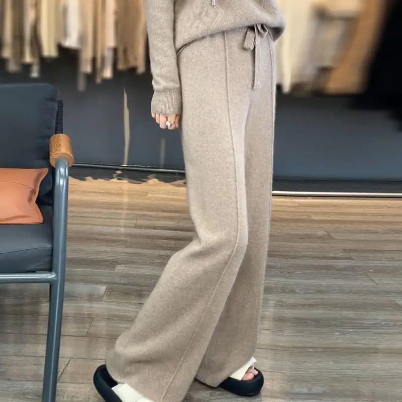 Drawstring High Waist Wide-Leg Wool Pants