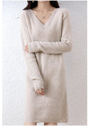 V-Neck 100% Merino Wool Knitted Dress GentleHerd