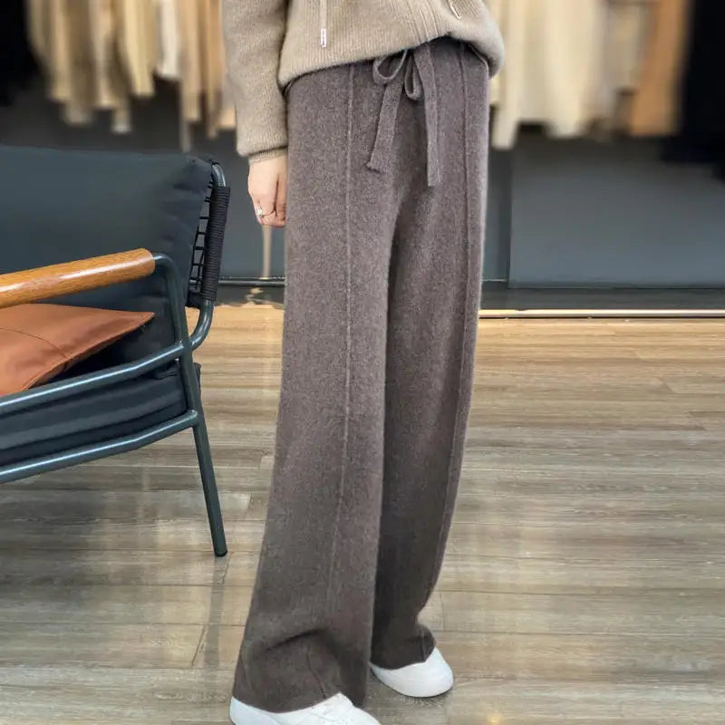 Drawstring High Waist Wide-Leg Wool Pants