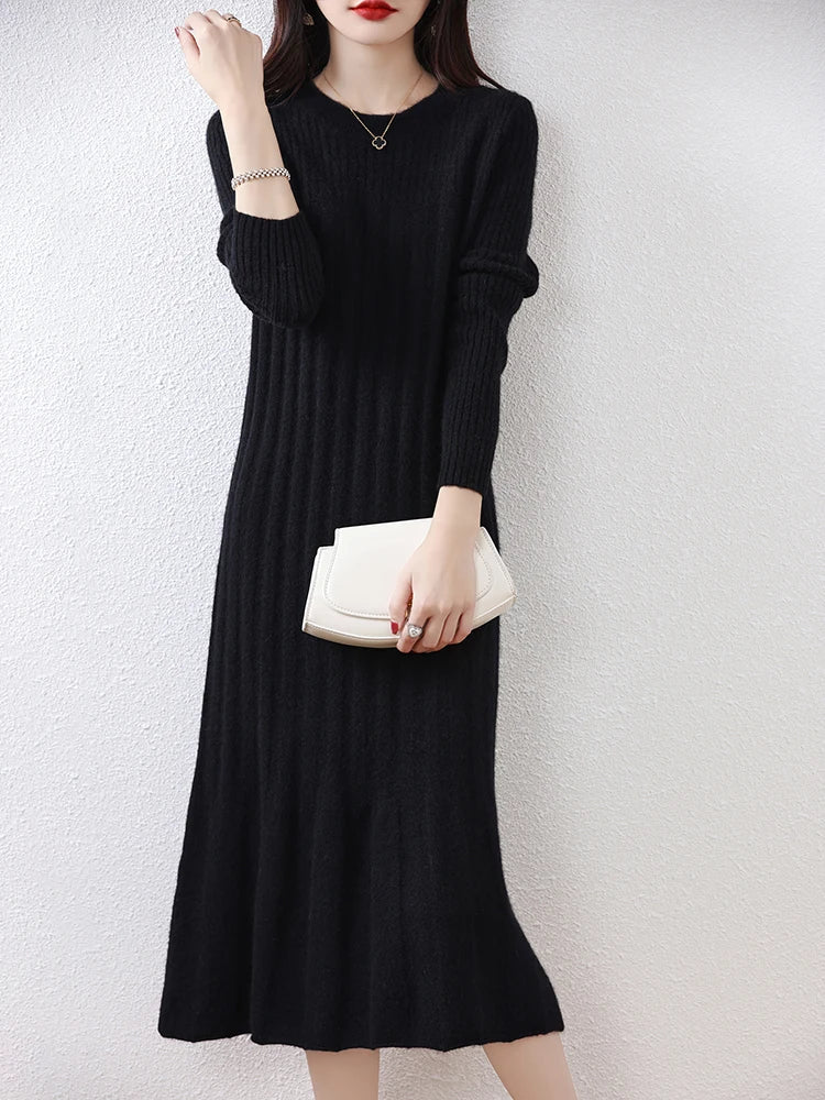 Round-Neck Long Sleeves Wool Dress