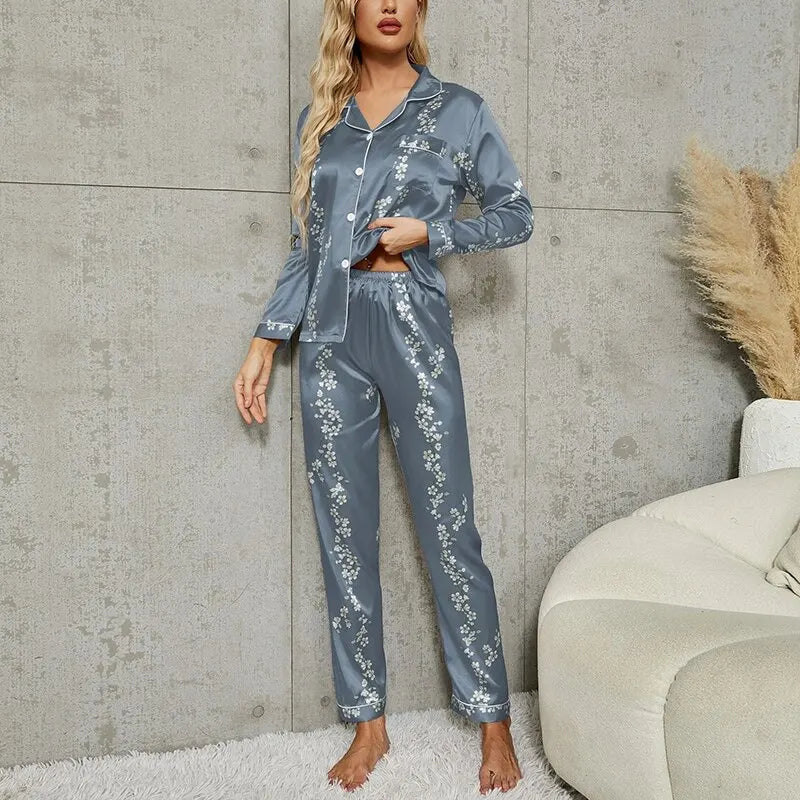 Long Sleeve Silky Shirt & Trousers Pyjamas Set