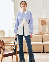 Pointed Collar Irregular Button Slit Short Shirt